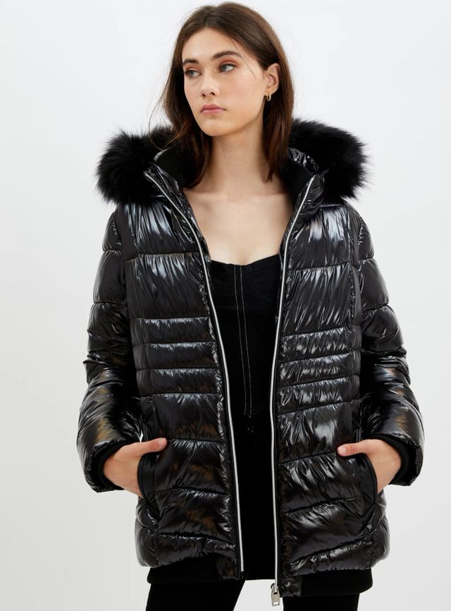 ANAIS | Zip front hooded liquid shine bomber with removable faux fur t