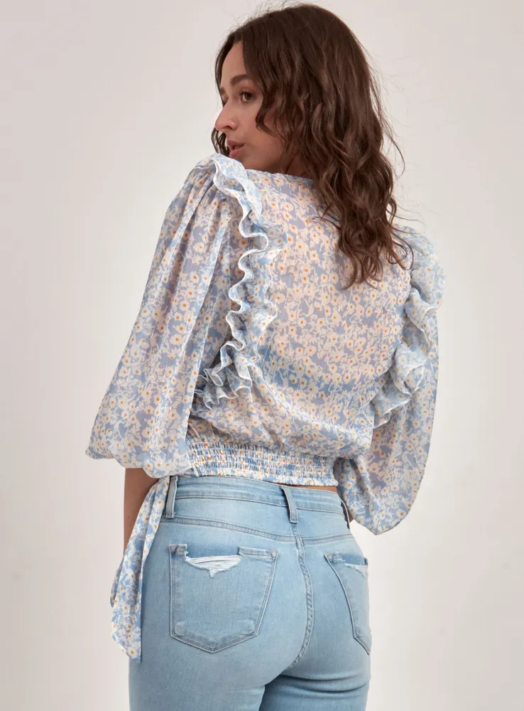 RUFFLE BLOUSE-DENIMBLUE