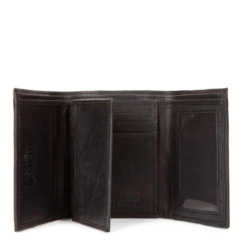Leather RFID Trifold Wallet with centre wing - Black