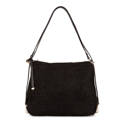 Straw Hobo Backpack Convertible Handbag - Black