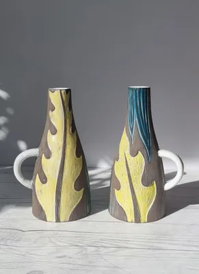 Mari Simmulson for Upsala Ekeby Pair of 1960 Agave Series  Incised Leaf Polychrome Glaze Jug Vases