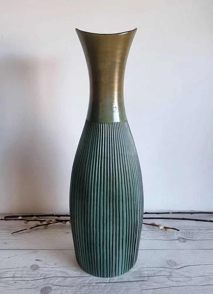 Hjordis Oldfors for Upsala Ekeby 1958 Palma Series Textured Gold and Teal Floor Vase