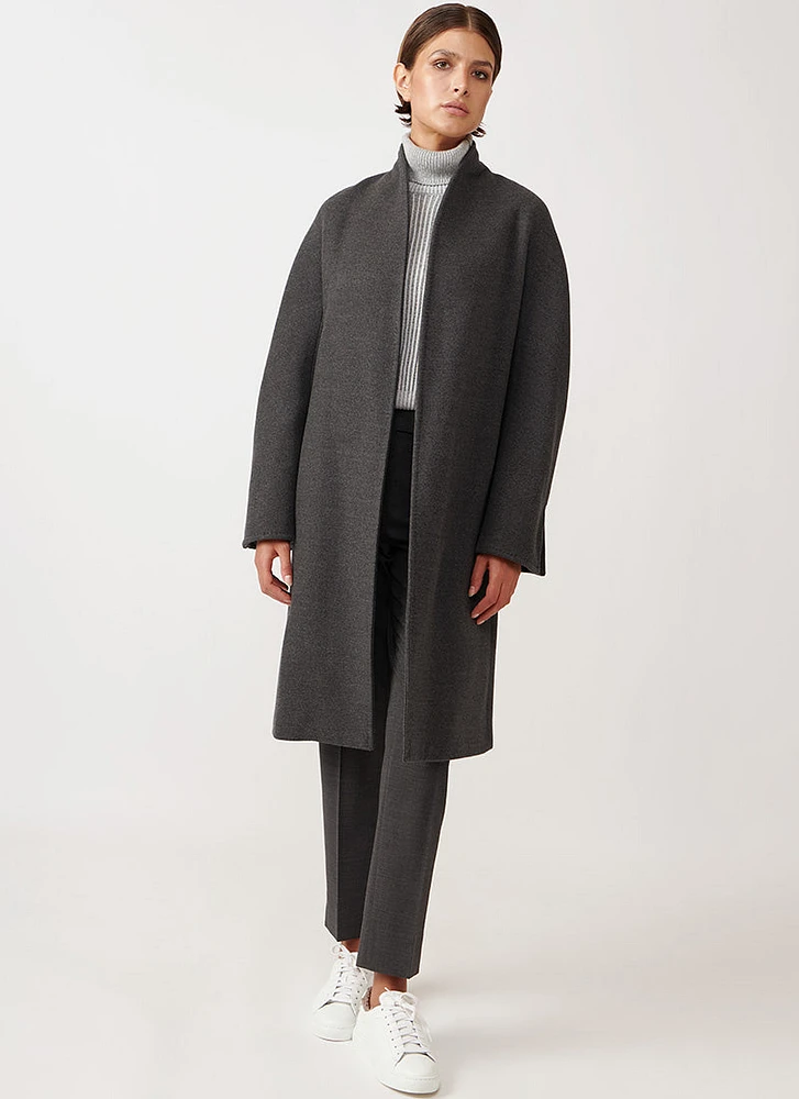 Belted Collarless Wool Coat