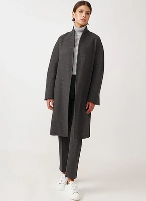 Belted Collarless Wool Coat