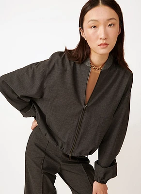 Wool Cropped Bomber with Knit Collar