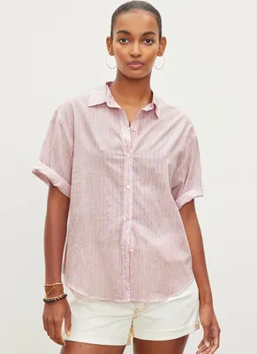 Mika Printed Stripe Short-Sleeve Button-Up Top