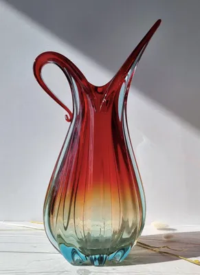 Murano Handblown Venetian Art Glass Ribbed Ruby Red, Amber and Ice Palette Jug Vase, 1960s