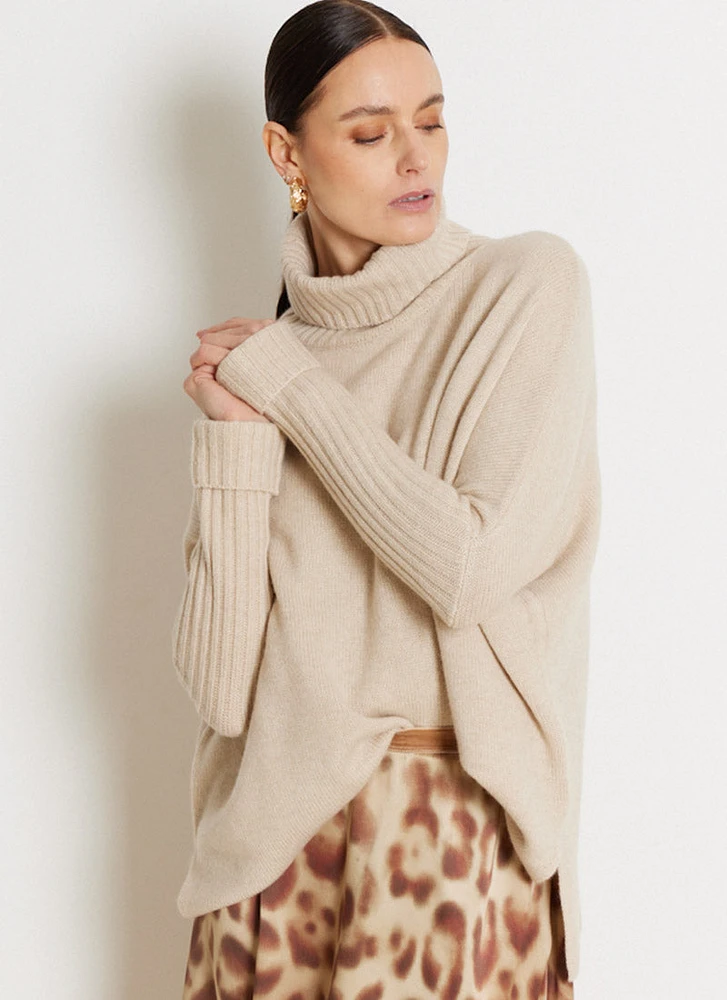 Cashmere Turtleneck Poncho with Ribbed Sleeves