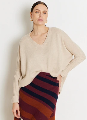 V-Neck Ribbed Sleeve Cashmere Poncho