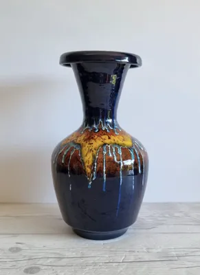 Bertoncello Trailed Glaze in Midnight Fire Sculptural Baluster Vase, 1970s