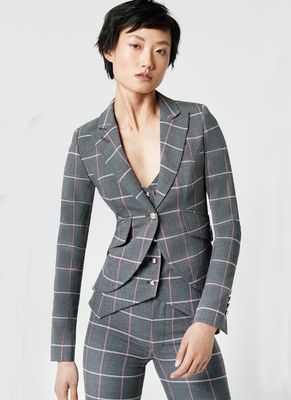 One-Button Grey Plaid Blazer