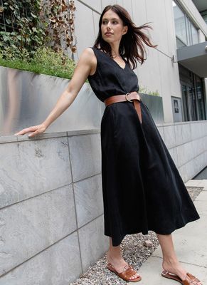 Black Linen V-Neck Midi Dress