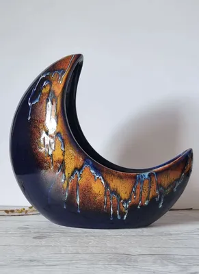 Bertoncello Midnight Fire Palette Glaze,Modernist Crescent Moon Planter Vase, 60s-80s