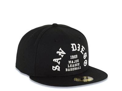 San Diego Padres New Era MLB 59FIFTY 5950 Fitted Cap Hat Black Crown/Visor White Logo With 1969 Major League Baseball Text/Script Writing