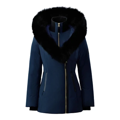 Mackage Adali Down Coat With Blue Fox Fur Signature Collar Navy-gold, Size: