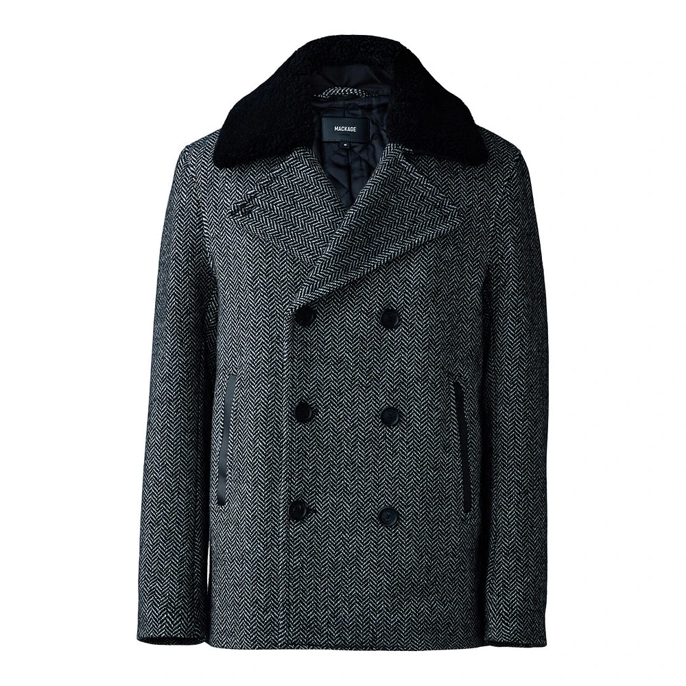 Mackage Cole-hb Wool Herringbone Jacket With Shearling Collar Black-white, Size: