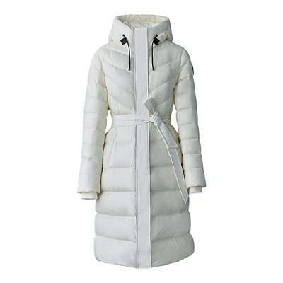 Mackage Coralia Down Coat With Hood And Sash Belt Cream, Size: