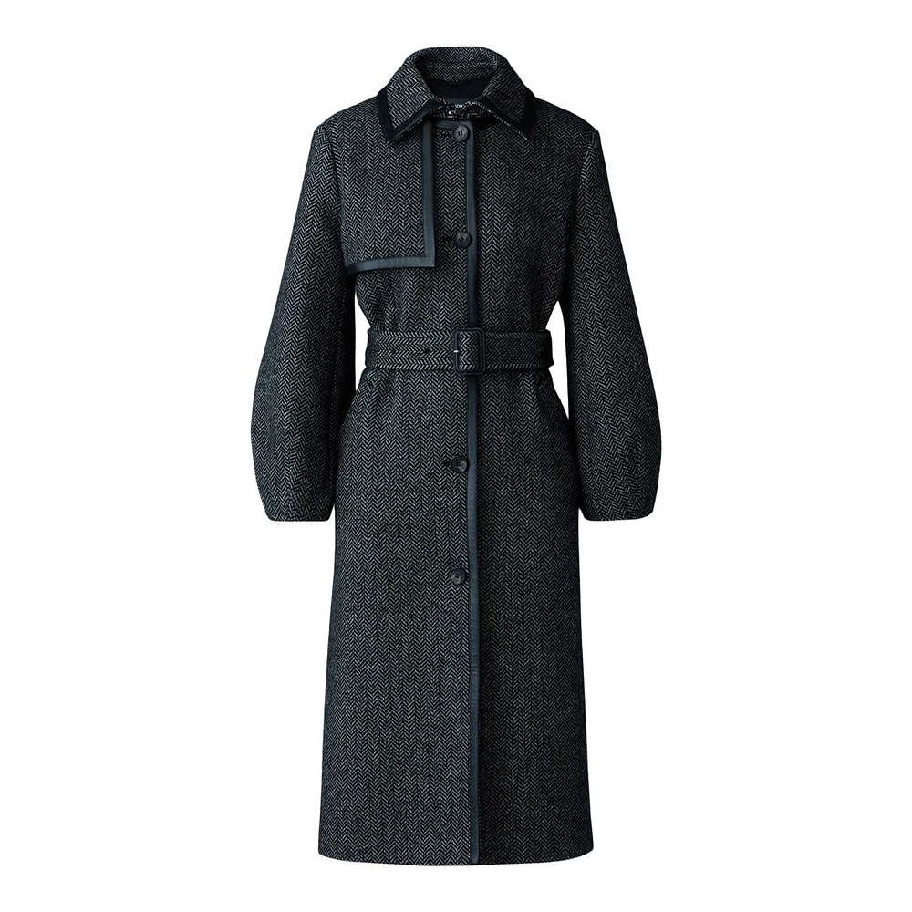 Mackage Zeva-hb Long Wool Herringbone Trench With Leather Detail Black-white, Size: