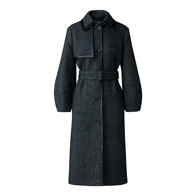 Mackage Zeva-hb Long Wool Herringbone Trench With Leather Detail Black-white, Size: