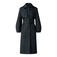 Mackage Zeva-hb Long Wool Herringbone Trench With Leather Detail Black-white, Size: