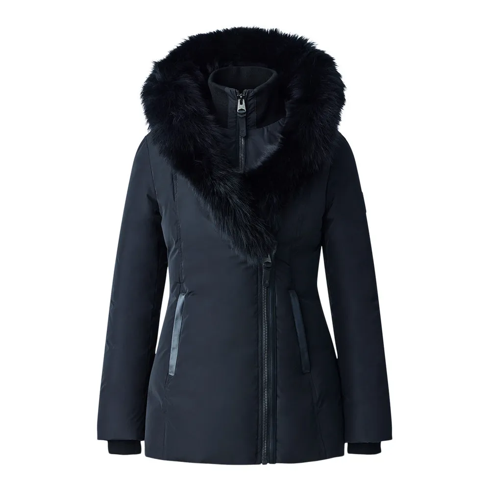 Mackage Adali Down Coat With Blue Fox Fur Signature Collar Black, Size