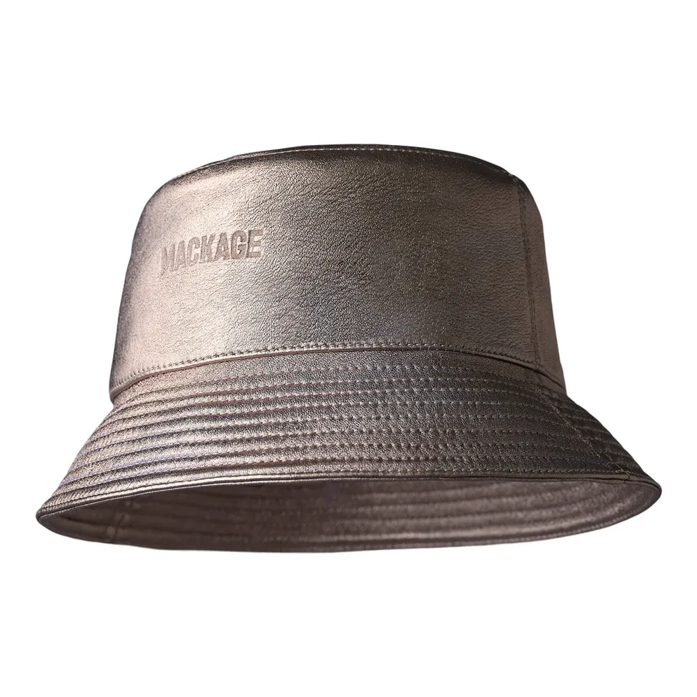 Mackage Wolffe-nv Leather Bucket Hat With Debossed Logo Quartz, Size: