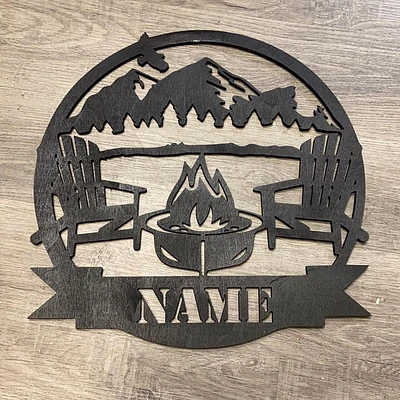 Adirondack Chair and Campfire with Mountains Name Sign