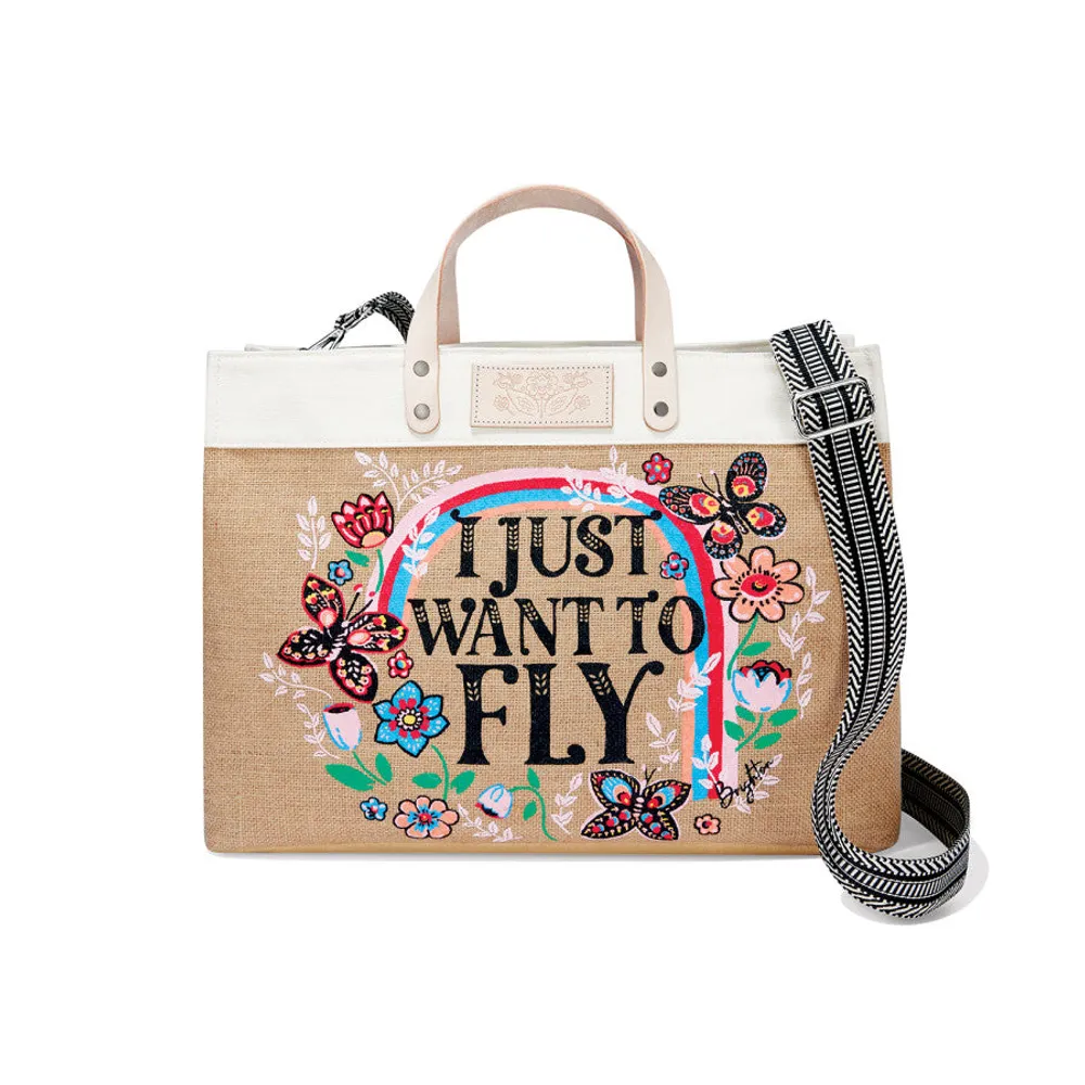 Fly Away East West Burlap Tote