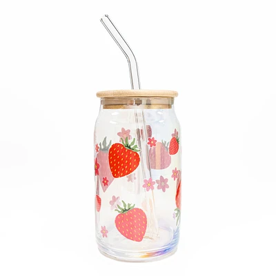 Verre iridescent avec paille & couvercle - Fraises