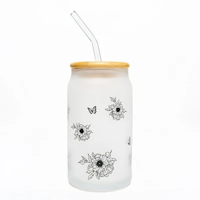 Verre givré avec paille & couvercle - Fleurs