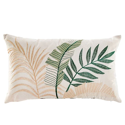 Rectangle cushion with embroidered leaves - Green