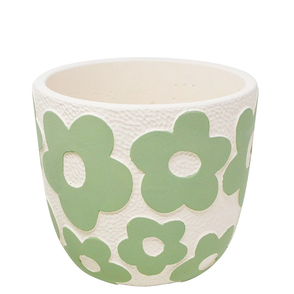 Pot en ciment - Fleurs vertes