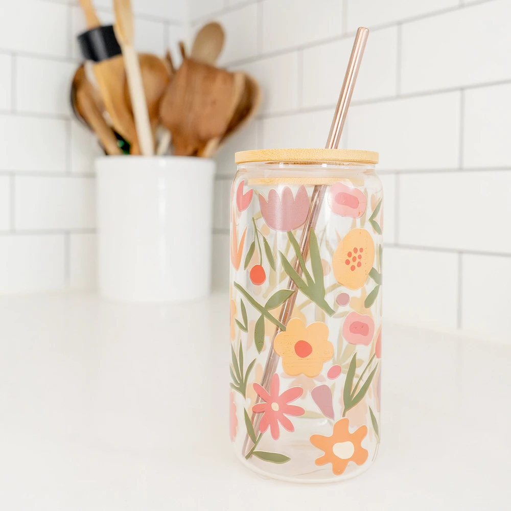 Glass with straw & lid - Floral motifs