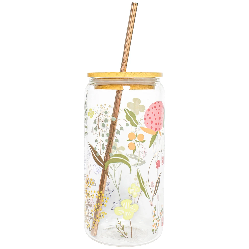 Glass with straw & lid - Daisies