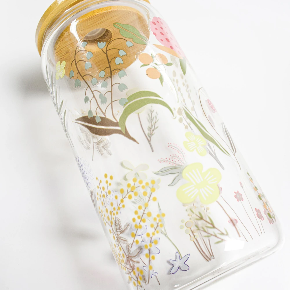 Glass with straw & lid - Daisies