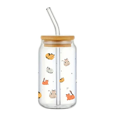 Glass with straw & lid - Cats 