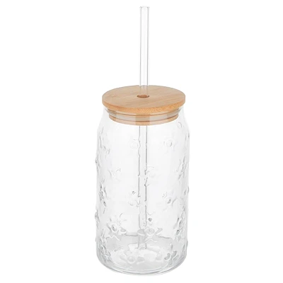 Textured glass with straw & lid - Flowers