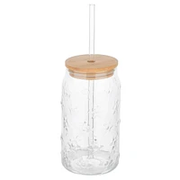 Textured glass with straw & lid - Flowers