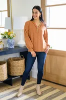 Speak Sweetly Textured Knit Top With Buttons Rust