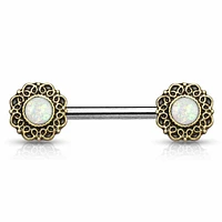 Brass Filigree + Opal Shield Nipple Barbell 14g