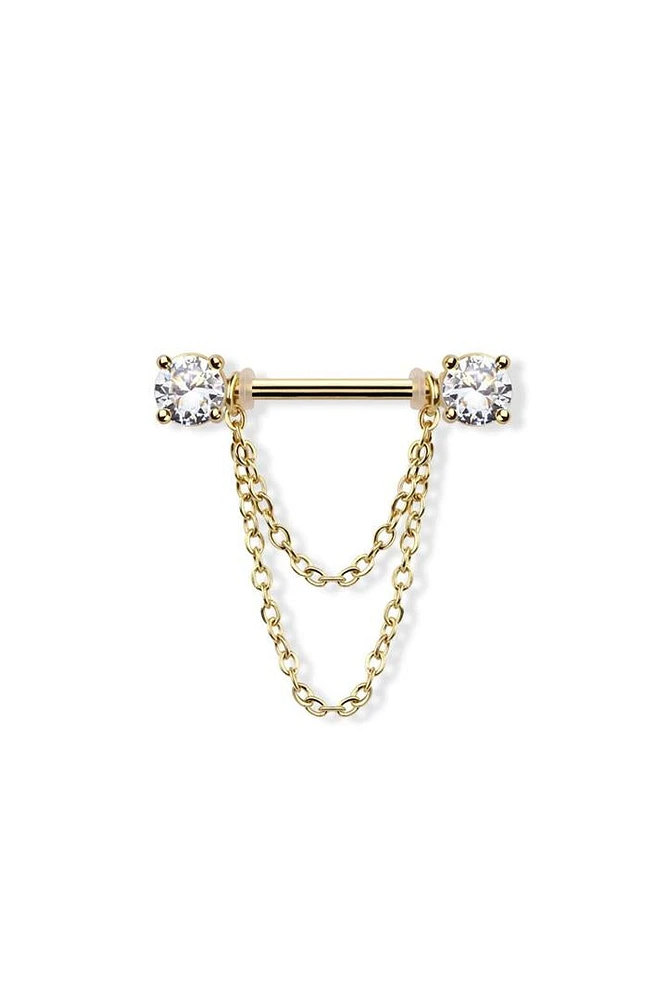 Chained Round Crystal Nipple Barbell 14g