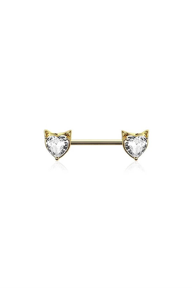 Kitty Heart Crystal Nipple Barbell 14g