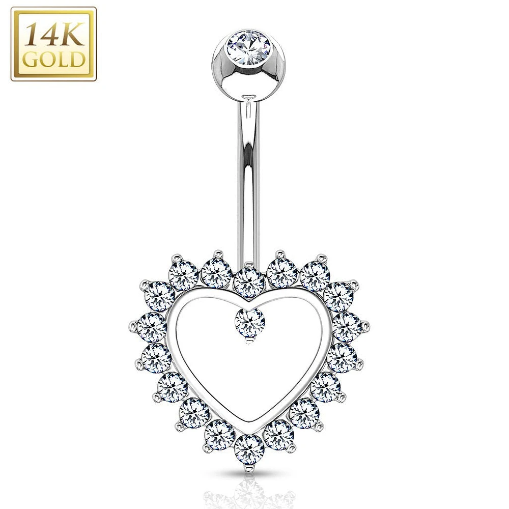 14K Gold Crystal Edge Heart Navel Barbell 14g