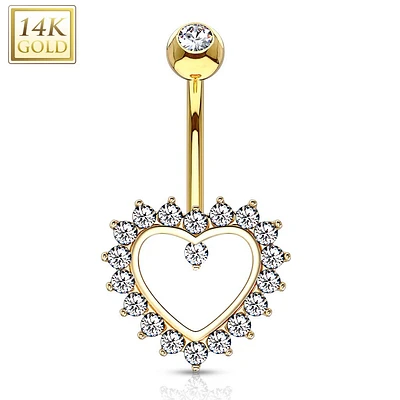 14K Gold Crystal Edge Heart Navel Barbell 14g