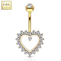 14K Gold Crystal Edge Heart Navel Barbell 14g