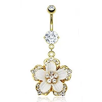 Gold PVD White Flower Navel Dangle 14g