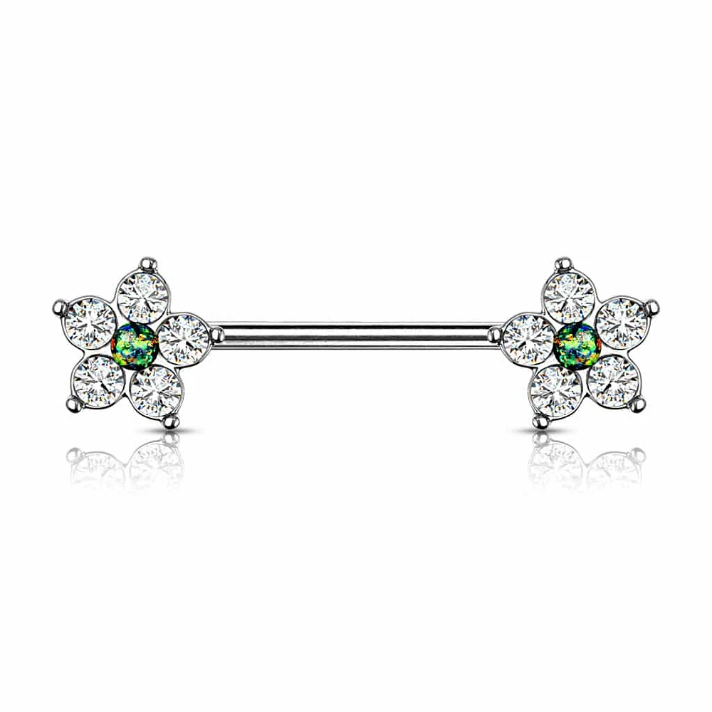 Crystal + Opal Flower Nipple Barbell 14g
