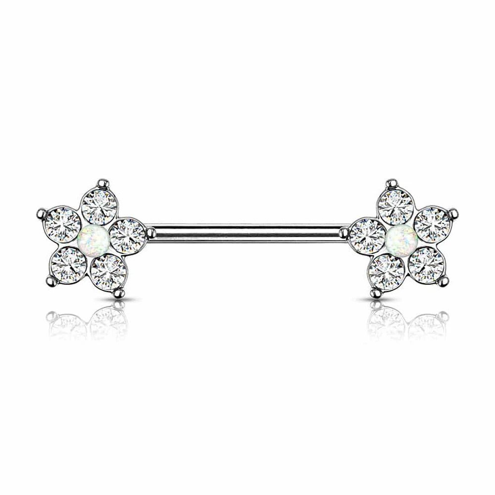 Crystal + Opal Flower Nipple Barbell 14g
