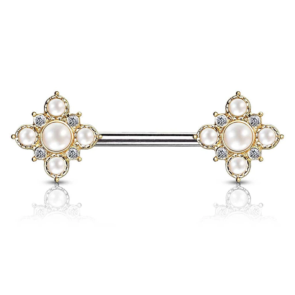 4 Point Pearl + Crystal Nipple Barbell 14g