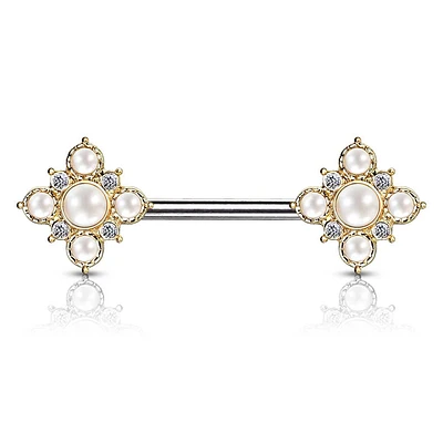 4 Point Pearl + Crystal Nipple Barbell 14g